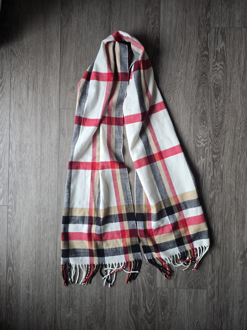 100% Cashmere Made in Scotland Exploded Check Plaid Fringe Scarf White Red Tan
